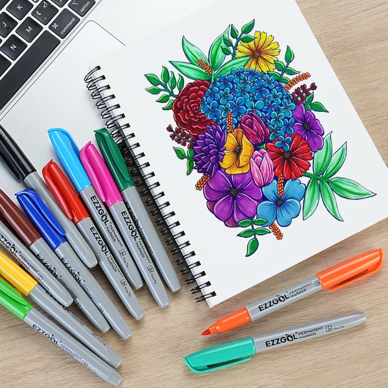 Ezzgol Markers دائمة بالجملة، عبوة Markers دائمة مكونة من 72، 12 لون متنوع، Markers دائمة ذات نقطة رفيعة لتلوين البالغين كمستلزمات مكتبية ومدرسية - Image 4